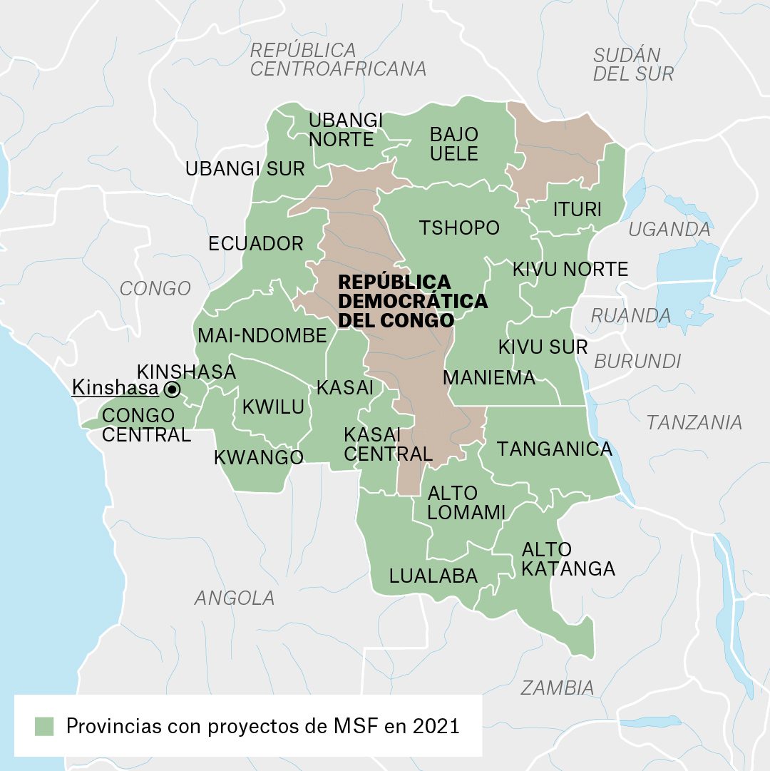 Mapa de actividades de Médicos Sin Fronteras en la República Democrática del Congo durante 2021