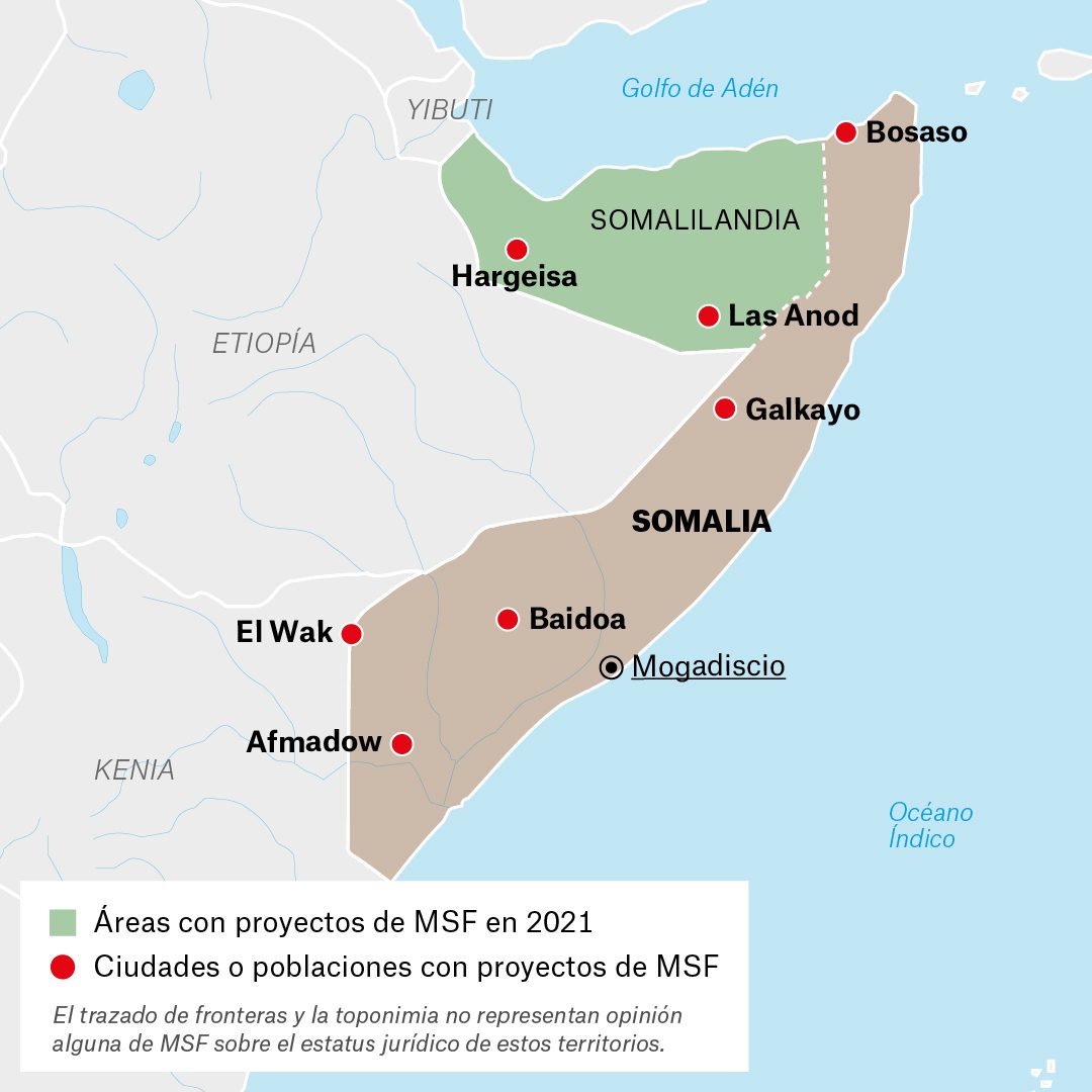 Mapa de actividades de Médicos Sin Fronteras en Somalia y Somalilandia durante 2021