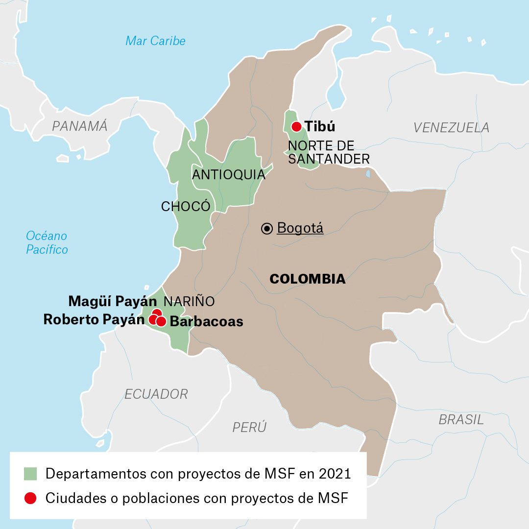 Mapa de actividades de Médicos Sin Fronteras en Colombia durante 2021