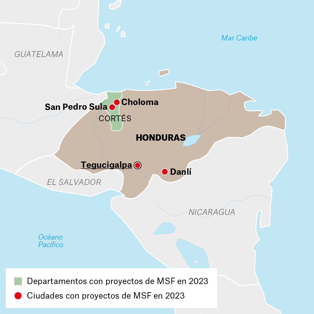 Mapa de actividades Médicos Sin Fronteras en Hondurasen 2023.