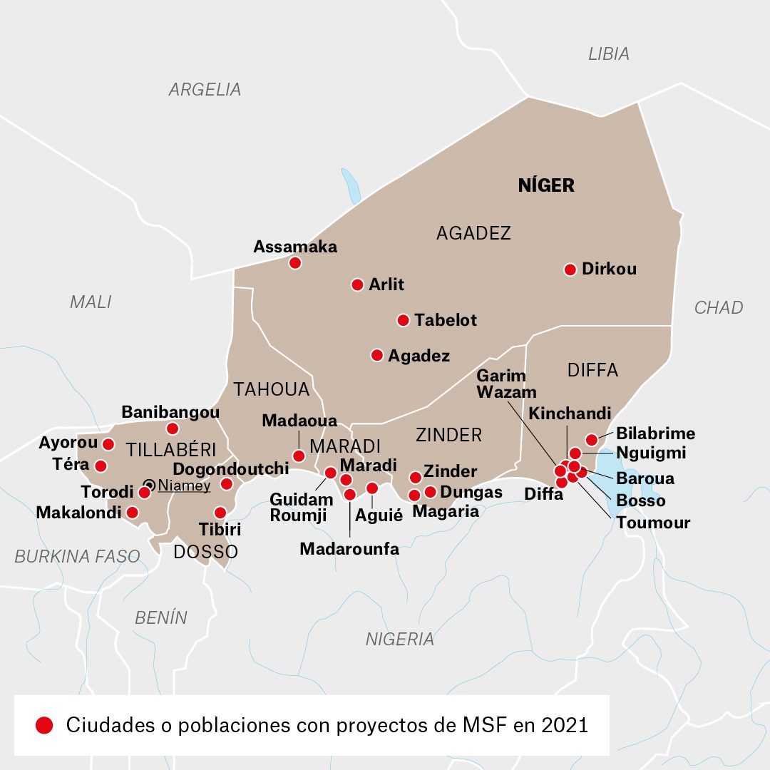 Mapa de actividades de Médicos Sin Fronteras en Níger durante 2021