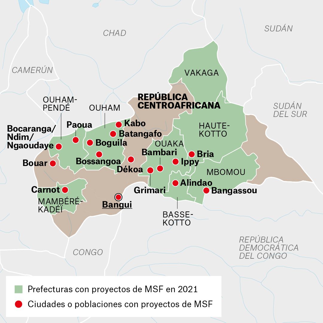 Mapa de Actividades de Médicos Sin Fronteras en República Centroafricana durante 2021