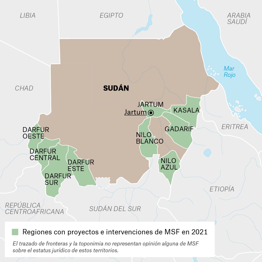 Mapa de actividades de Médicos Sin Fronteras en Sudán durante 2021