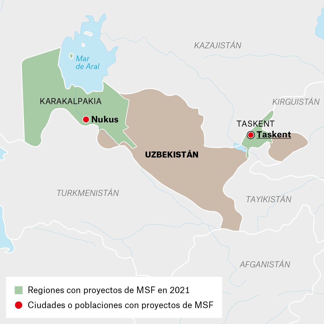 Mapa de actividades de Médicos Sin Fronteras en Uzbekistán durante 2021