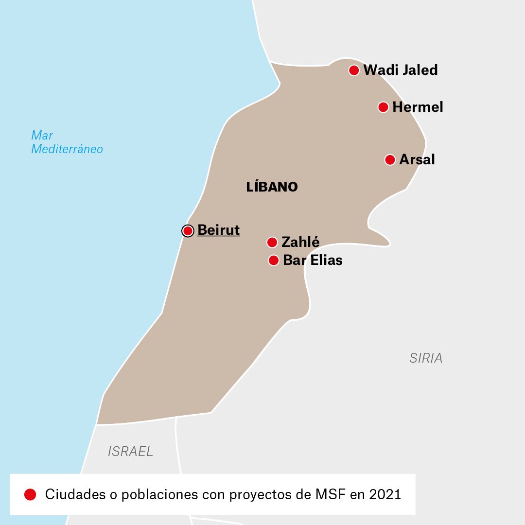 Mapa de actividades de Médicos Sin Fronteras en Líbano durante 2021
