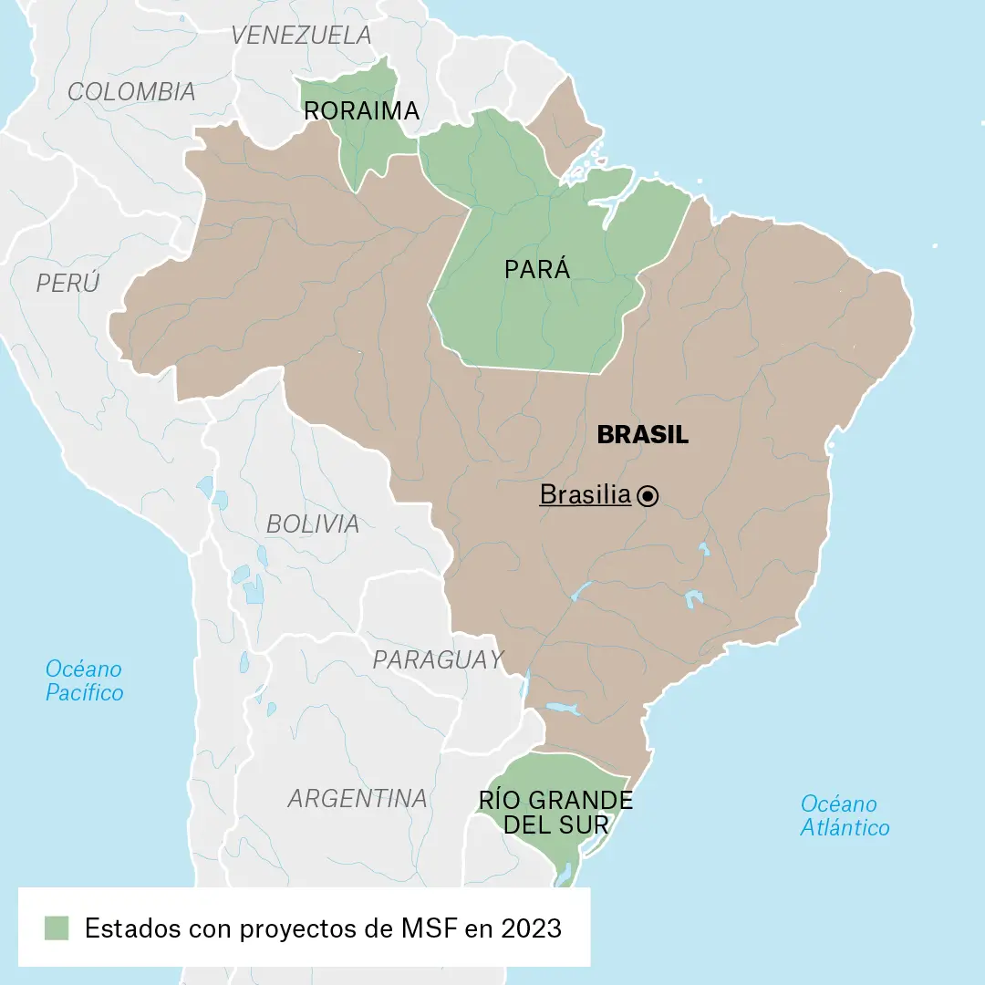 Mapa de actividades Médicos Sin Fronteras en Brasil en 2023.