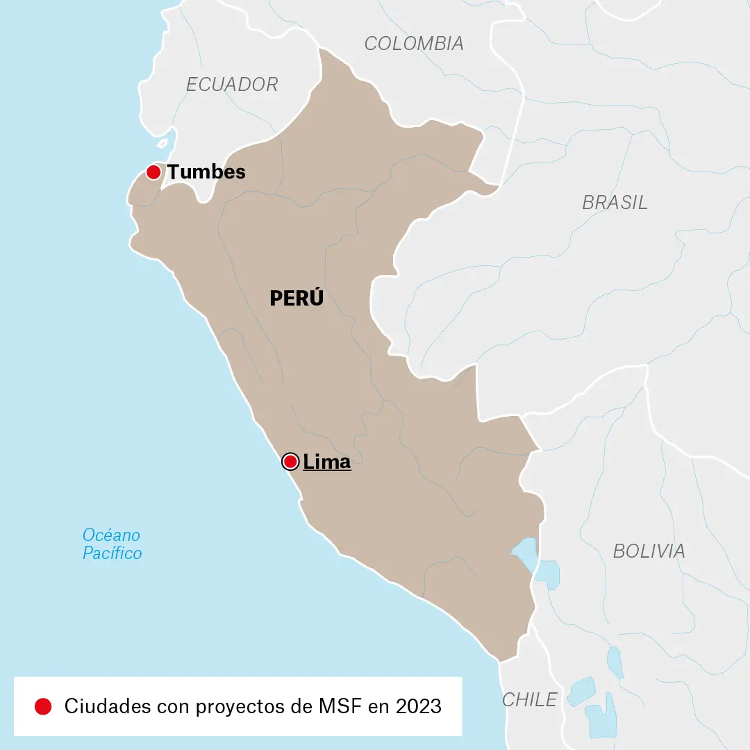 Mapa de actividades Médicos Sin Fronteras en Perú en 2023.