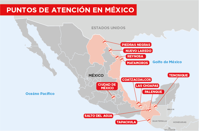 Mapa Puntos de atención de Médicos Sin Fronteras en México