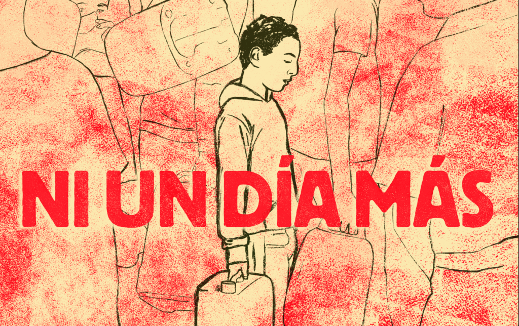 Una ilustración que muestra a un niño con una maleta y la frase 'ni un día más'