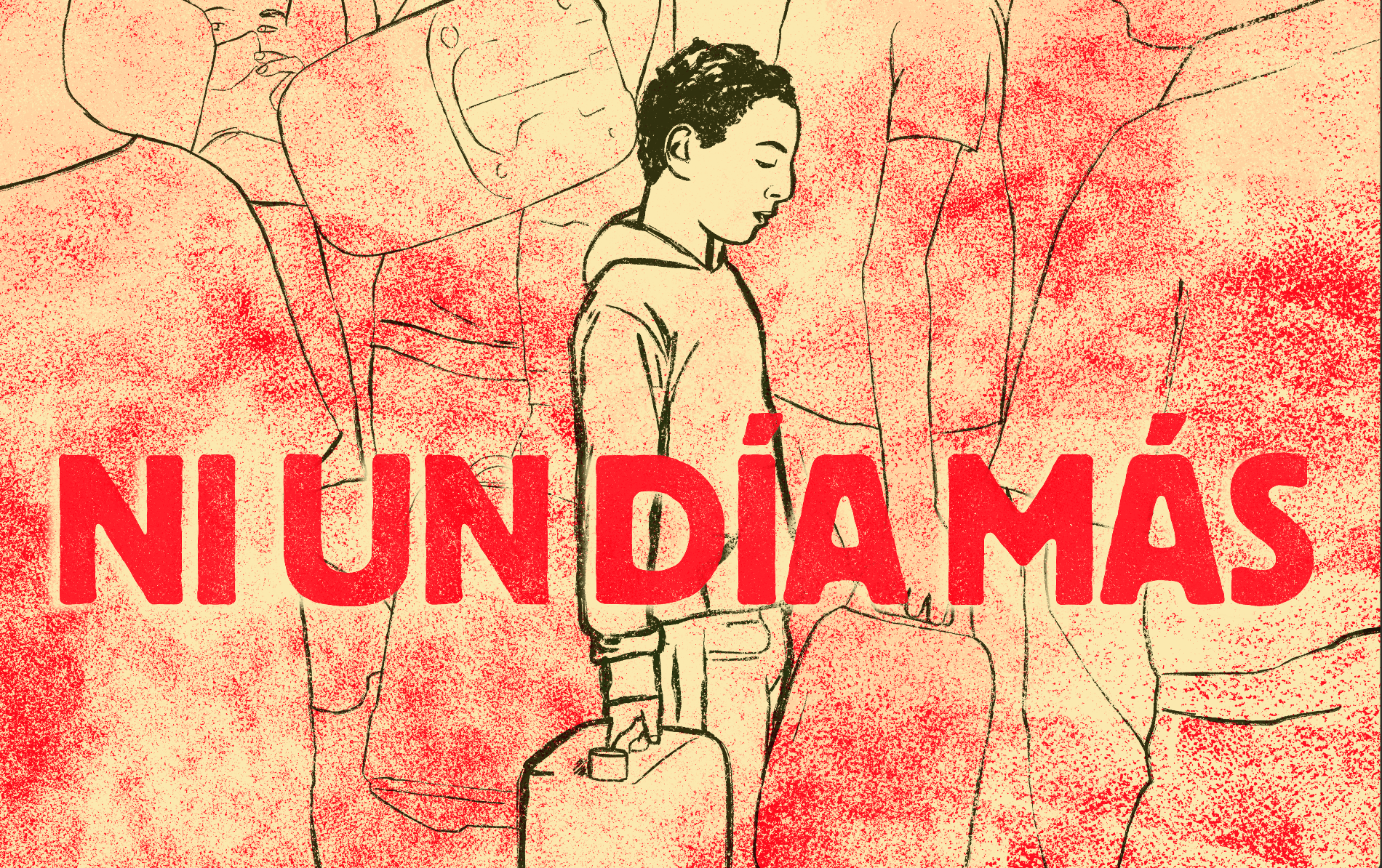 Una ilustración que muestra a un niño con una maleta y la frase 'ni un día más'