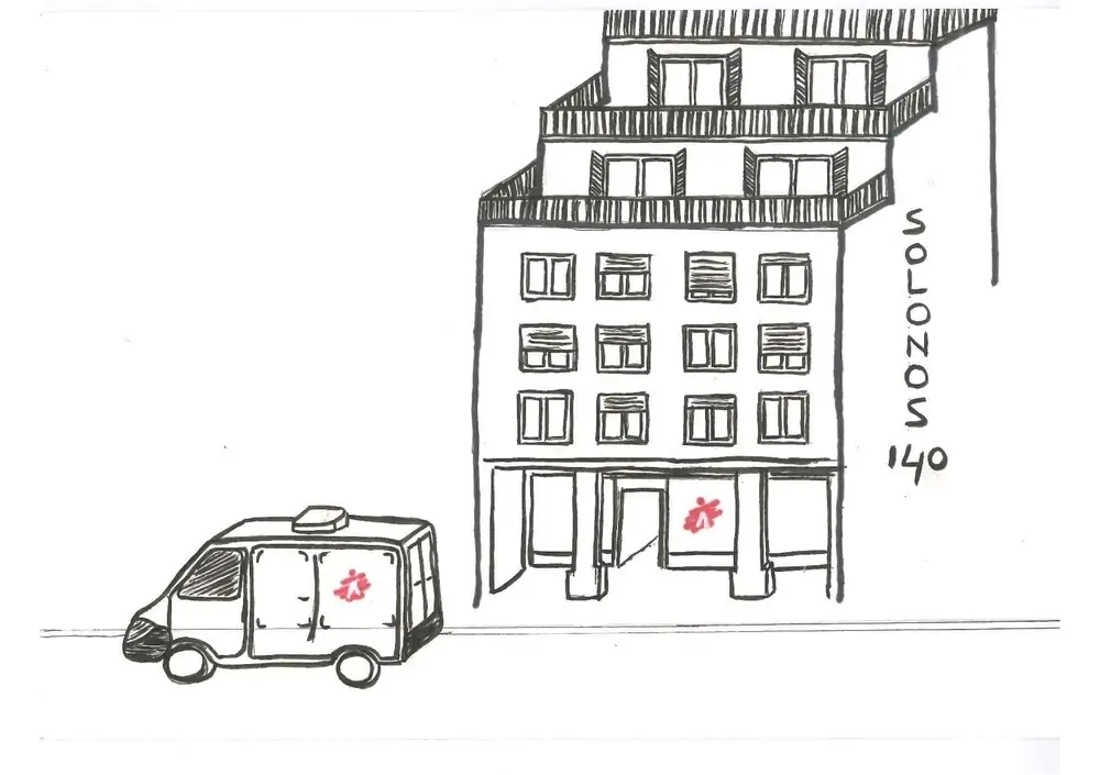 Boceto del centro de día de MSF en Atenas. Grecia, mayo de 2025.