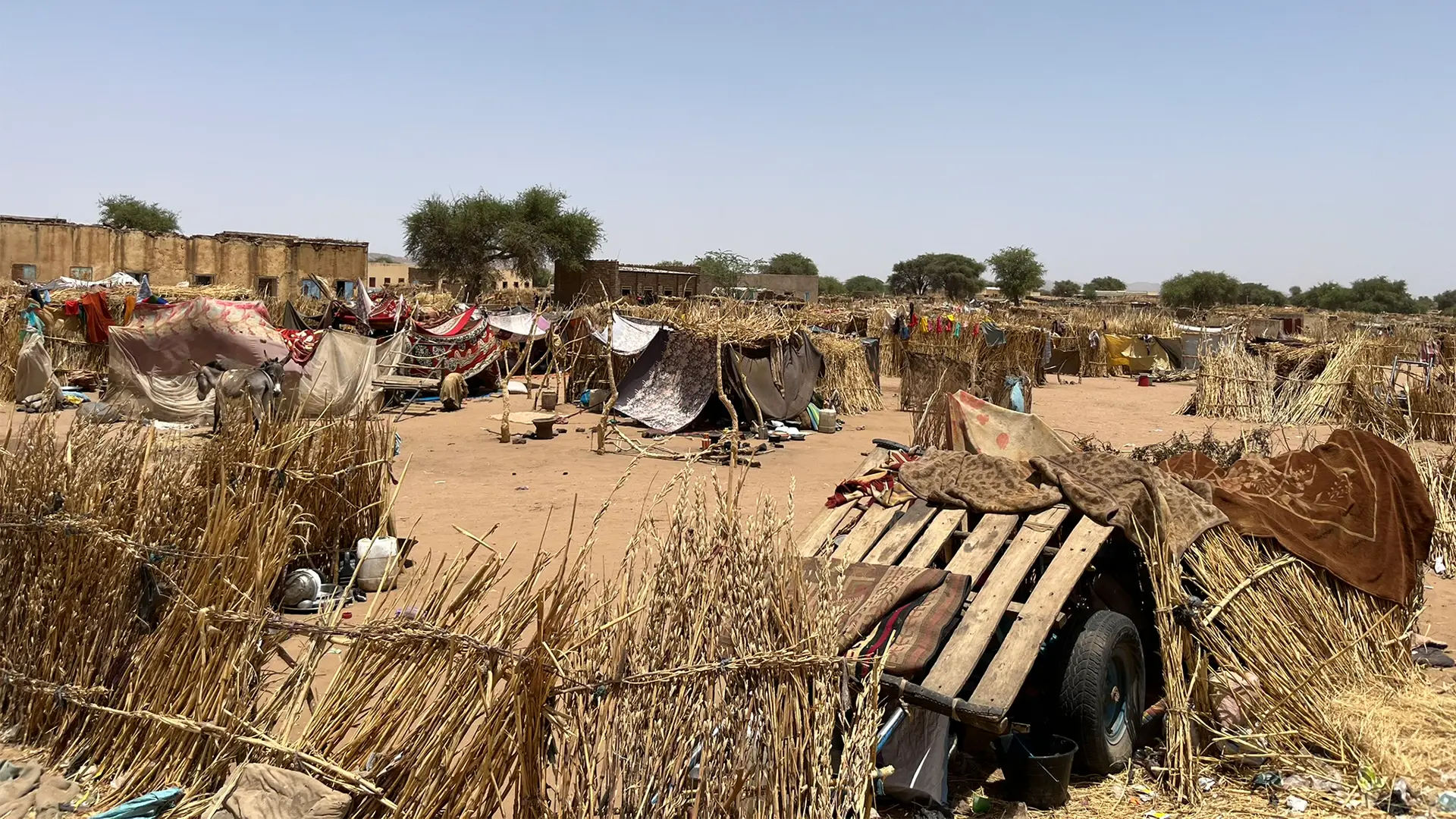 Personas desplazadas se reúnen en una antigua escuela en el campamento Dali, Tawila, Darfur Norte, Sudán.