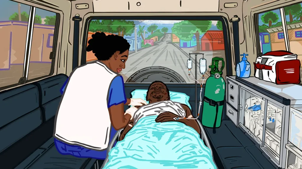 Vista de un traslado médico al Hospital Tabarre, un centro médico gestionado por Médicos Sin Fronteras. Desde finales de 2024, MSF ya no acepta transferencias al mando debido a la violencia. © Vicky Onélien