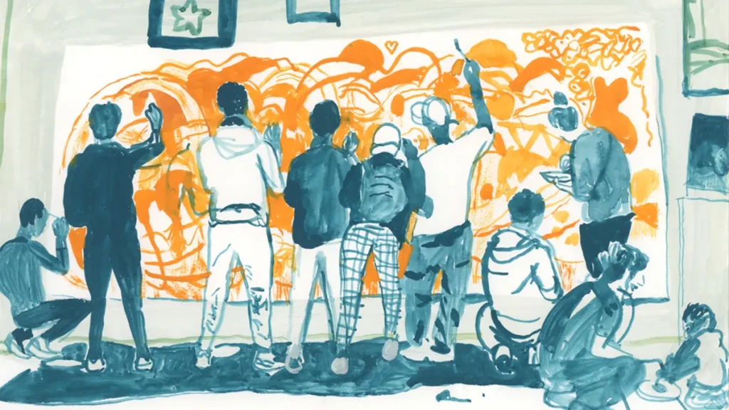 Los adolescentes participan en una clase de dibujo con voluntarios en el centro diurno llamado Le GR1, situado en Marsella, Francia.