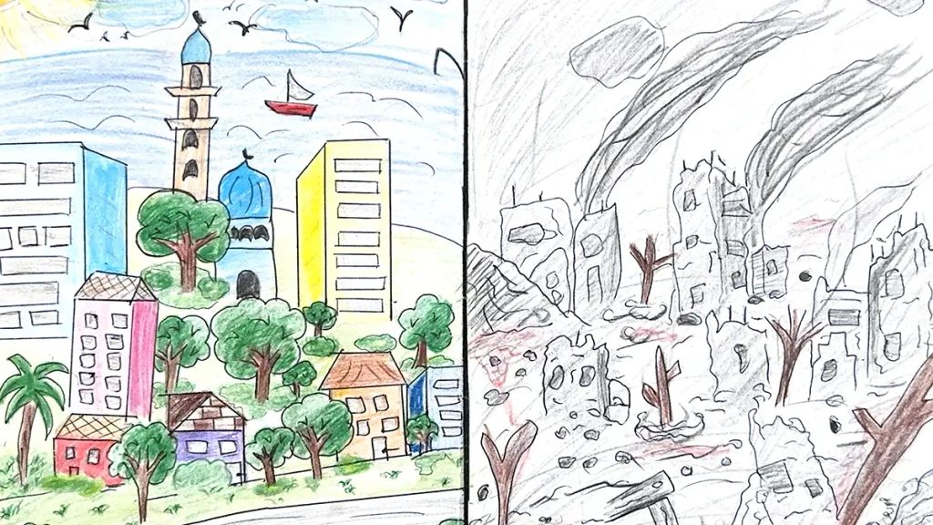 Durante una sesión de salud mental, Dina dibujó su barrio antes y después del genocidio. Recuerda la mezquita, los edificios y los árboles. Se pidió a los niños que participaron en la sesión de salud mental que dibujaran lo que tenían en mente. Gaza, Palestina, agosto de 2026.